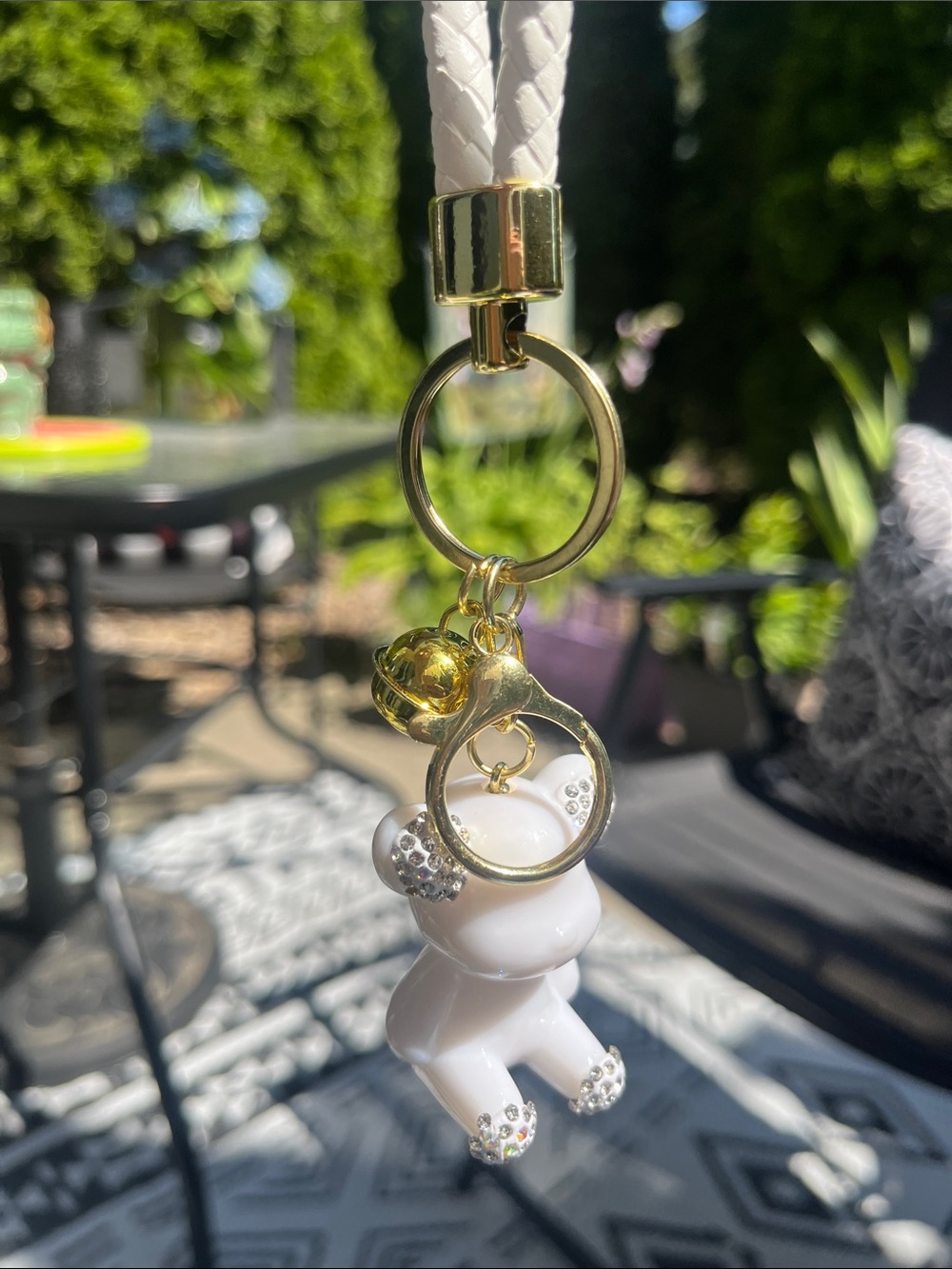 White Bear with Crystal Embellishments Keychain/Bagcharm w/White Leather Strap